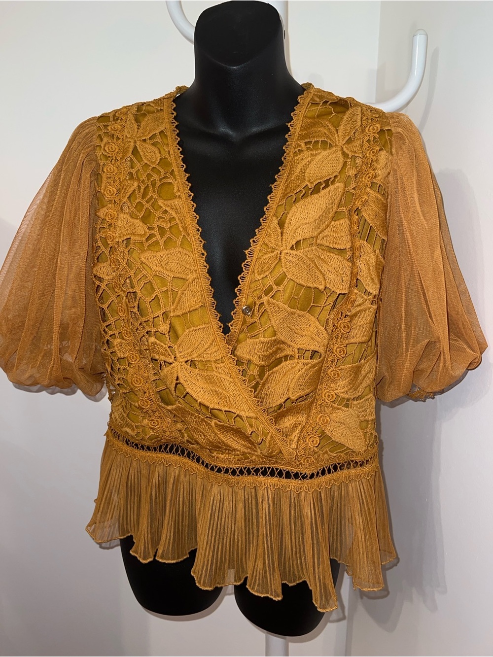 Haute Monde Mustard Gold Lace V-Neck Peplum Blouse